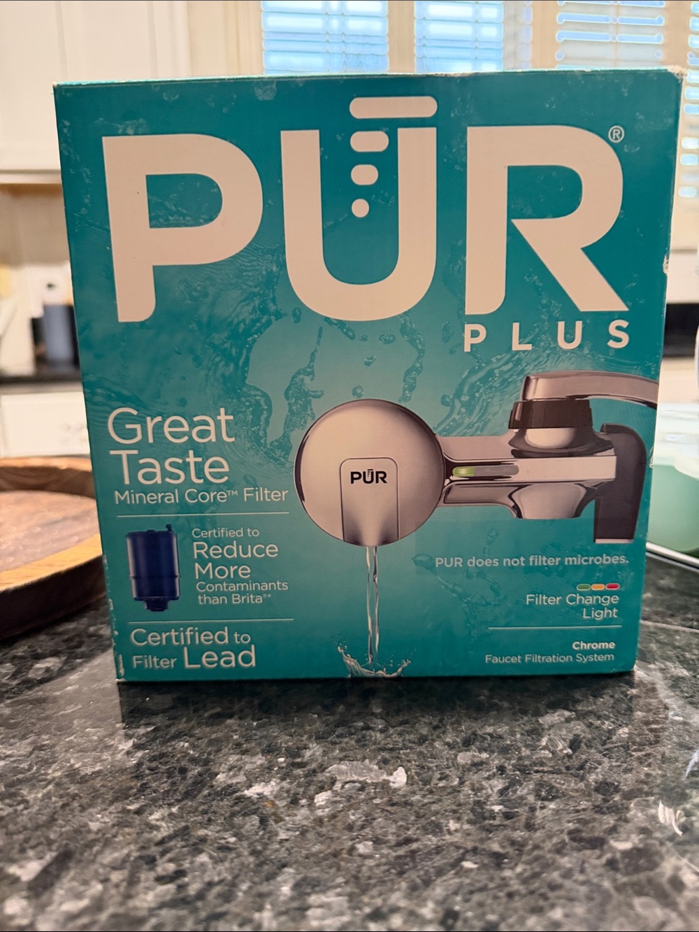 PUR Plus Faucet Filtration System in Teal with Chrome Accent